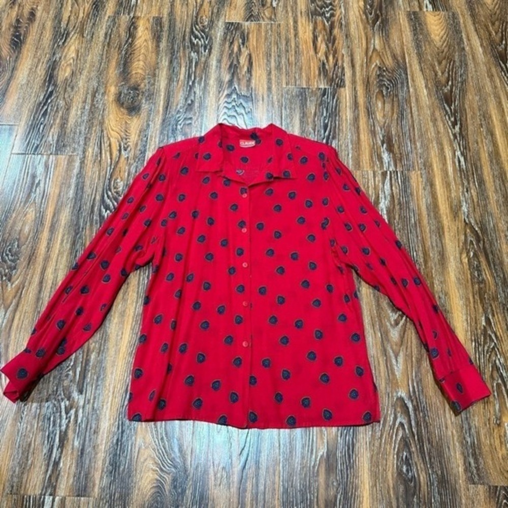 Vintage Claude Red Heart Paisley Button‎ Up Blouse Long Sleeve Retro Top S / M